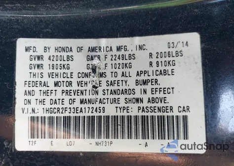 2014 Honda Accord Lx from USA, damaged, VIN 1HGCR2F33EA172459